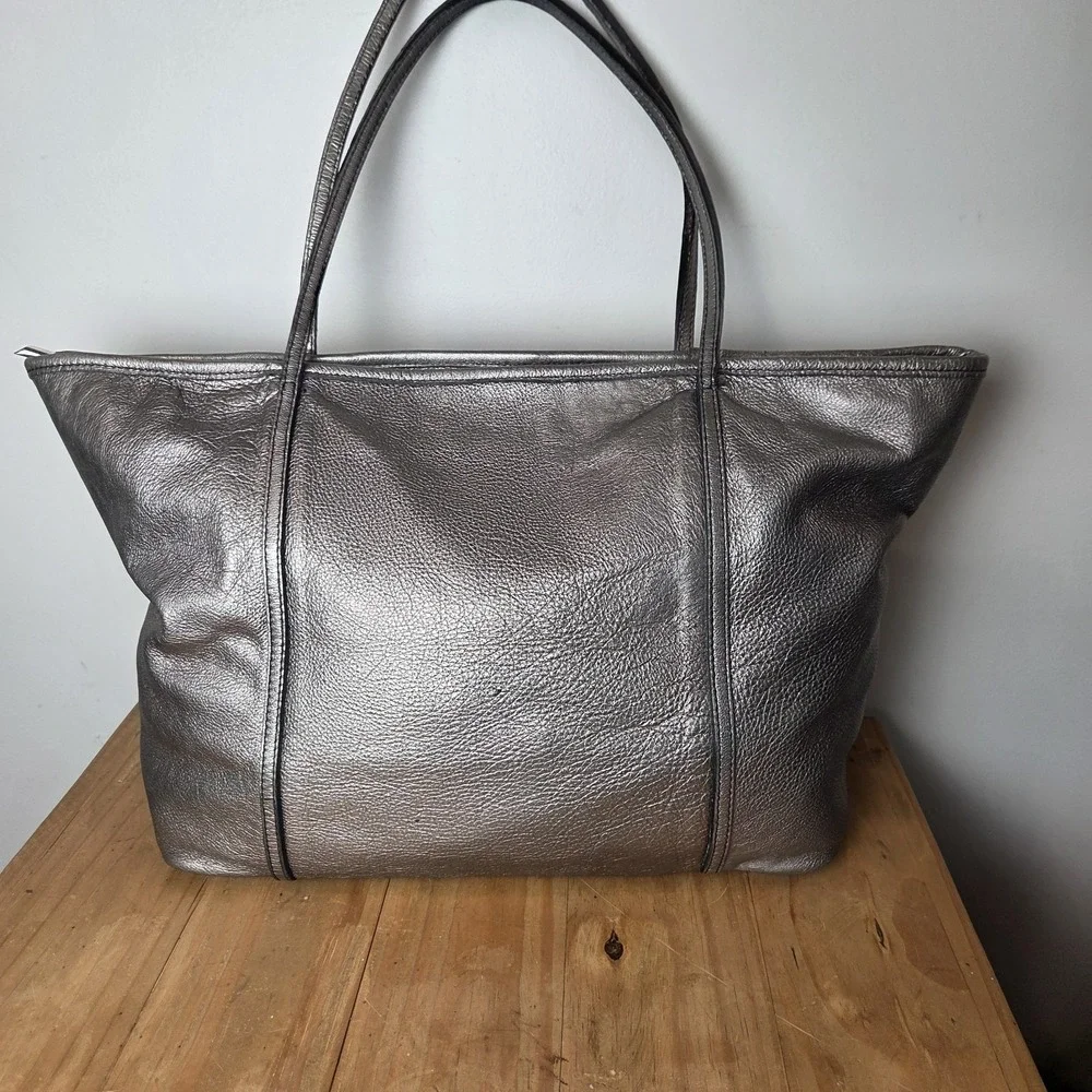 Innue Metallic Gunmetal Leather Tote Bag Made in Italy Y2K Large Shoulder Purse